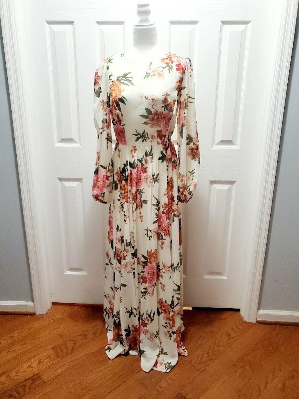 Champagne & Strawberry Floral Maxi Dress Cottagecore Romantic Boho Long Sleeve